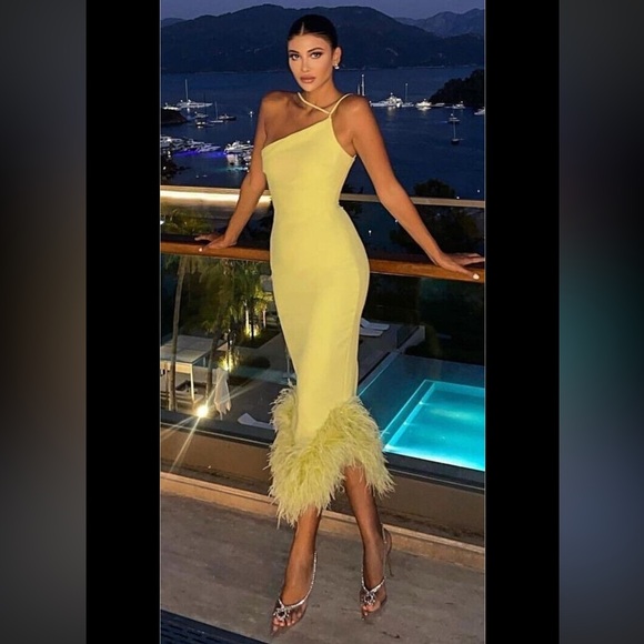 House of CB One Shoulder Yellow Dress with Feather Hem